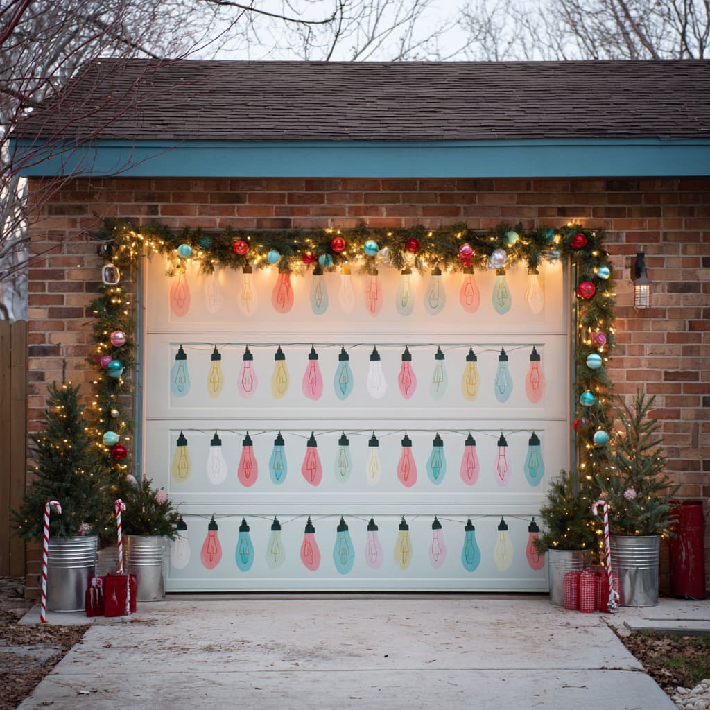 The design transforms a standard brick garage into a nostalgic homage to mid-century Christmas aesthetics The design transforms a standard brick garage into a nostalgic homage to mid-century Christmas aesthetics