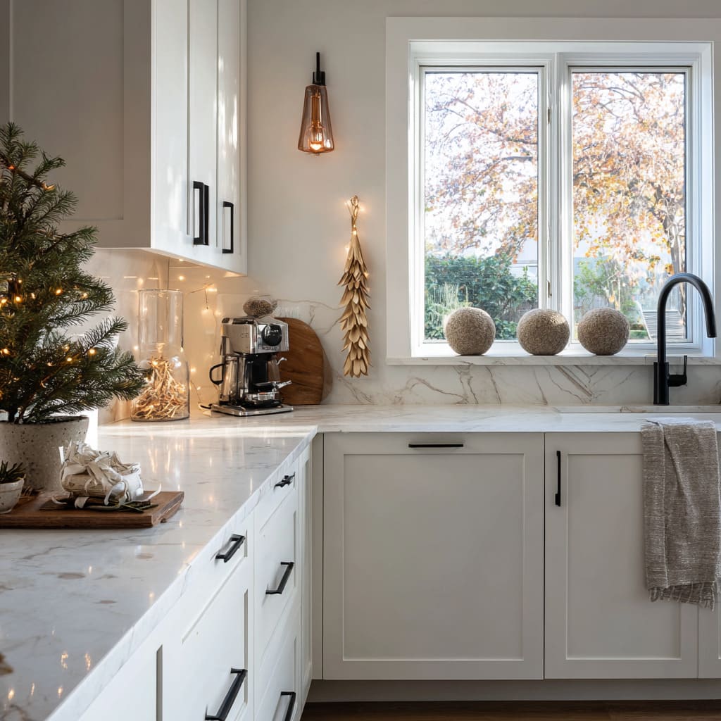 The focal point is the small Xmas tree on the left, planted in a speckled white pot and adorned with warm micro-lights and no ornaments The focal point is the small Xmas tree on the left, planted in a speckled white pot and adorned with warm micro-lights and no ornaments