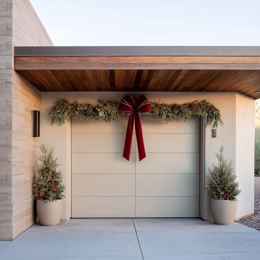 The main decorative element is a classic garland of greenery, lightly dusted with warm white berries and mini ornaments The main decorative element is a classic garland of greenery, lightly dusted with warm white berries and mini ornaments