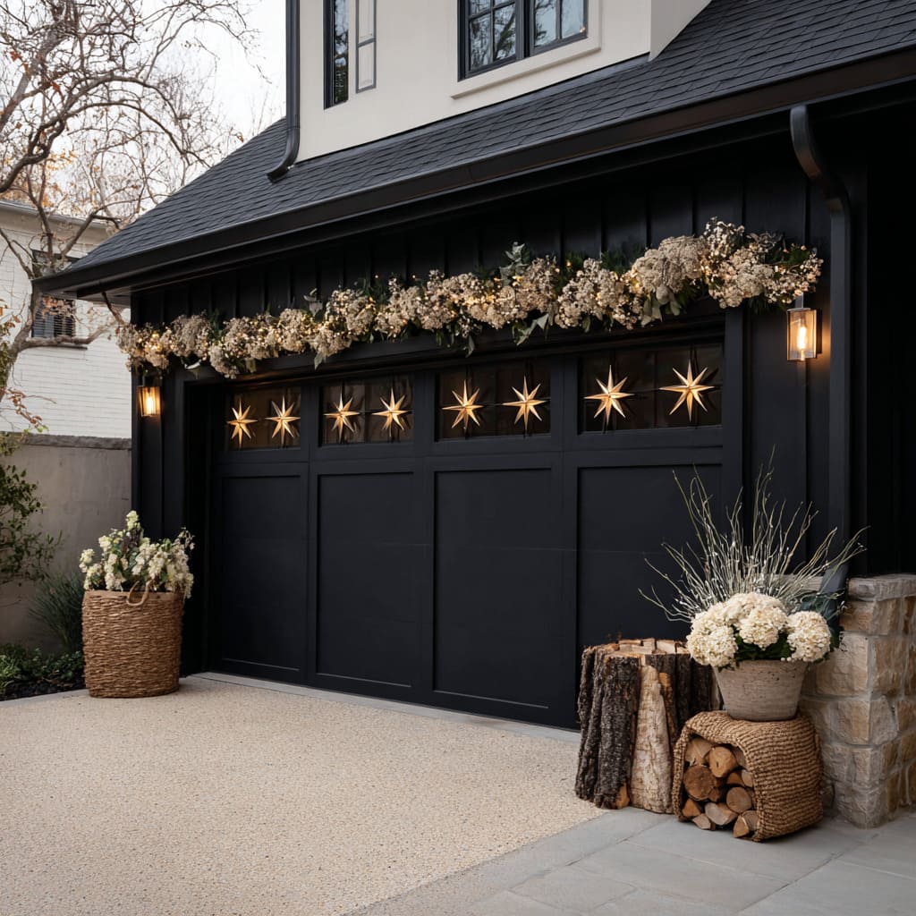 The matte black garage door is stark and modern, but softened by eight transom windows, each glowing with symmetrical starburst lighting The matte black garage door is stark and modern, but softened by eight transom windows, each glowing with symmetrical starburst lighting