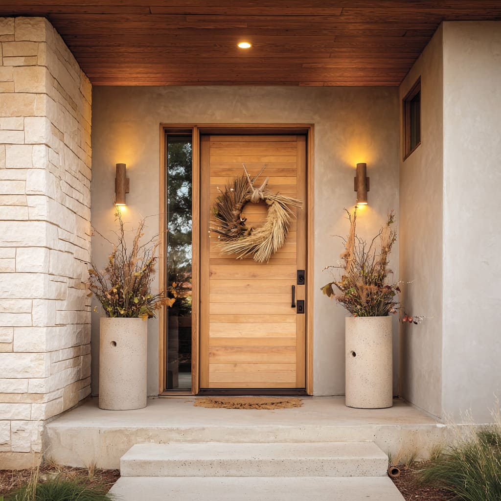 The overhead lighting casts soft amber glows on either side, warming the visual temperature for an earthy Christmas display The overhead lighting casts soft amber glows on either side, warming the visual temperature for an earthy Christmas display