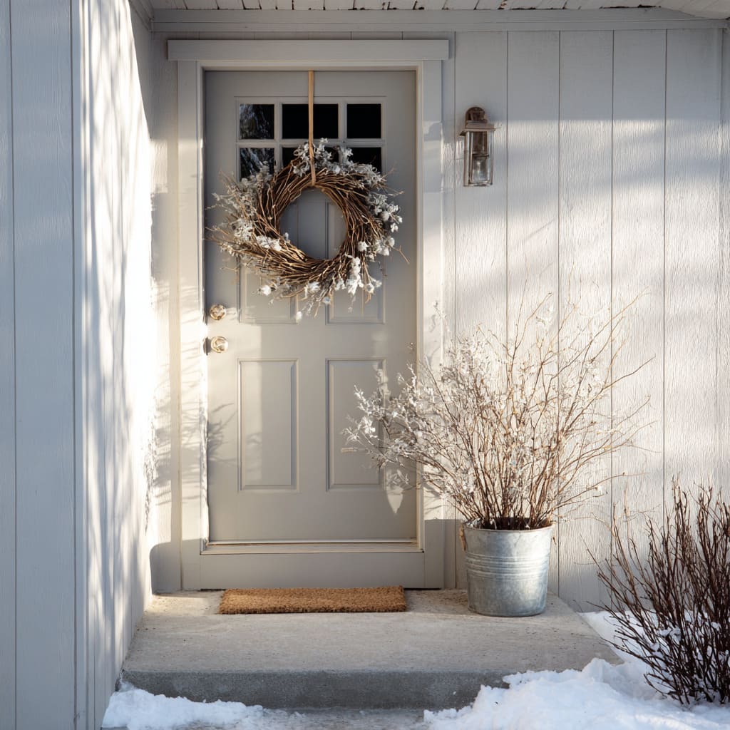 The soft beige-gray door, framed by narrow trim and crowned with six upper-light panes, offers just enough architectural detail The soft beige-gray door, framed by narrow trim and crowned with six upper-light panes, offers just enough architectural detail