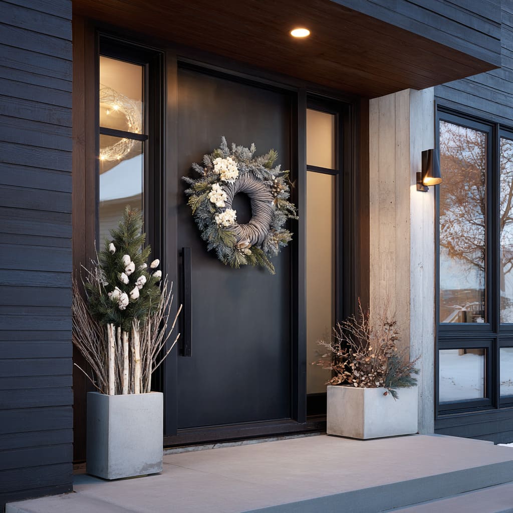 The wreath uses a spiraled, sculpted center ring in a medium gray that mimics folded felt or heavy wool, paired with frosty evergreen The wreath uses a spiraled, sculpted center ring in a medium gray that mimics folded felt or heavy wool, paired with frosty evergreen
