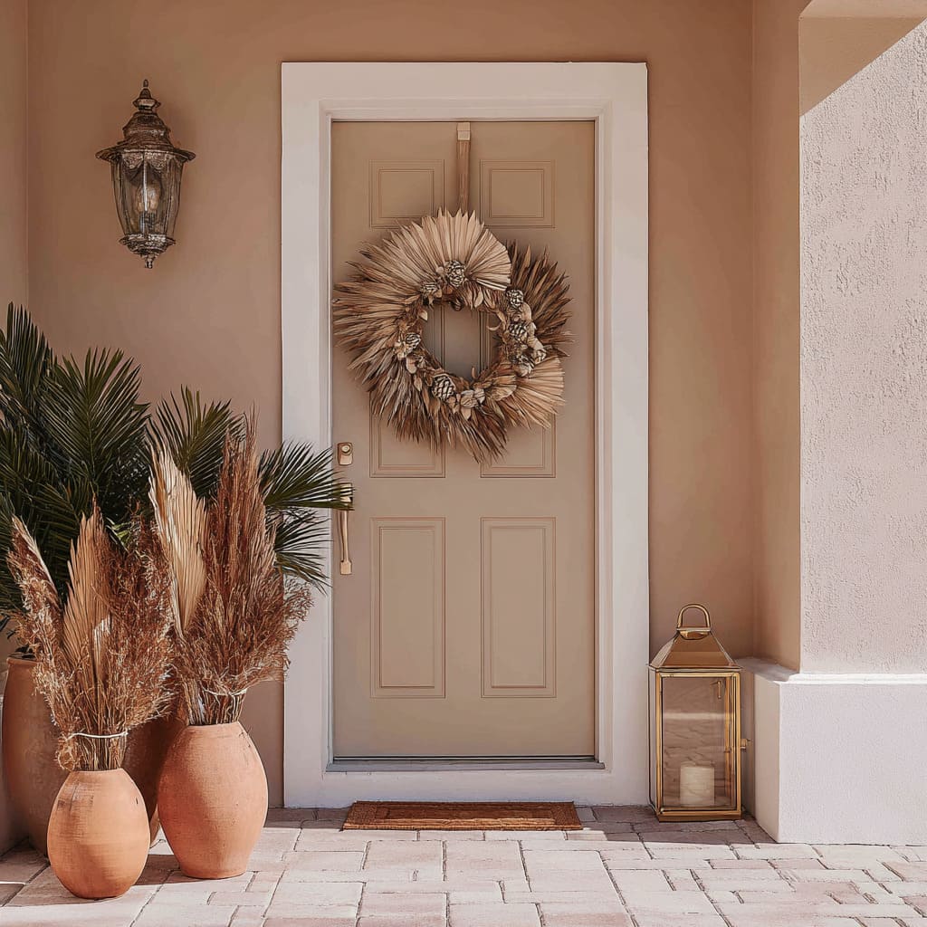 This sun-washed entry composition sets a distinct tone that blends desert simplicity with festive tactility This sun-washed entry composition sets a distinct tone that blends desert simplicity with festive tactility
