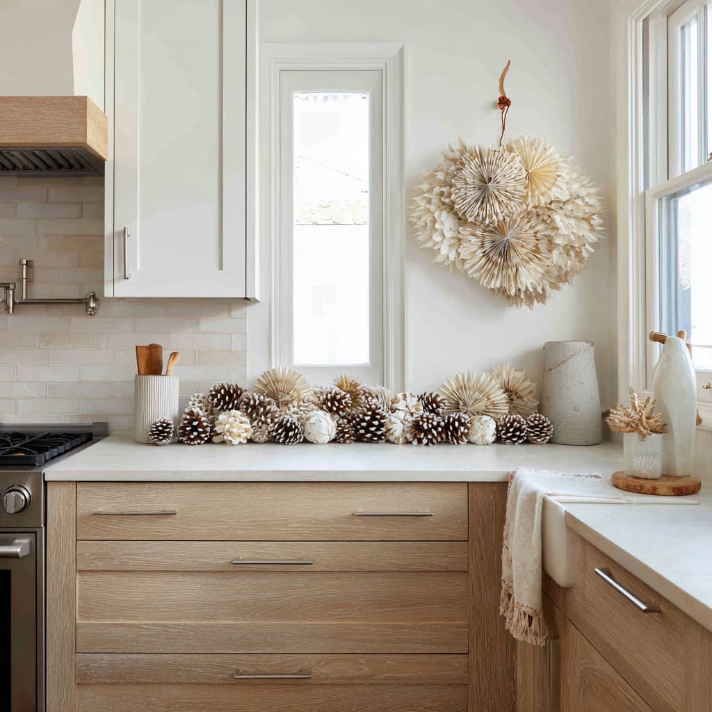 a garland of oversized pinecones and paper fan-style decorations snakes across the surface, not hung but placed in line a garland of oversized pinecones and paper fan-style decorations snakes across the surface, not hung but placed in line
