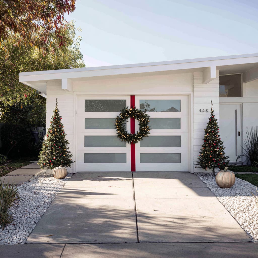 a single vertical red ribbon slice is placed just off-center, paired with a dark green wreath that crosses both the ribbon and glass a single vertical red ribbon slice is placed just off-center, paired with a dark green wreath that crosses both the ribbon and glass