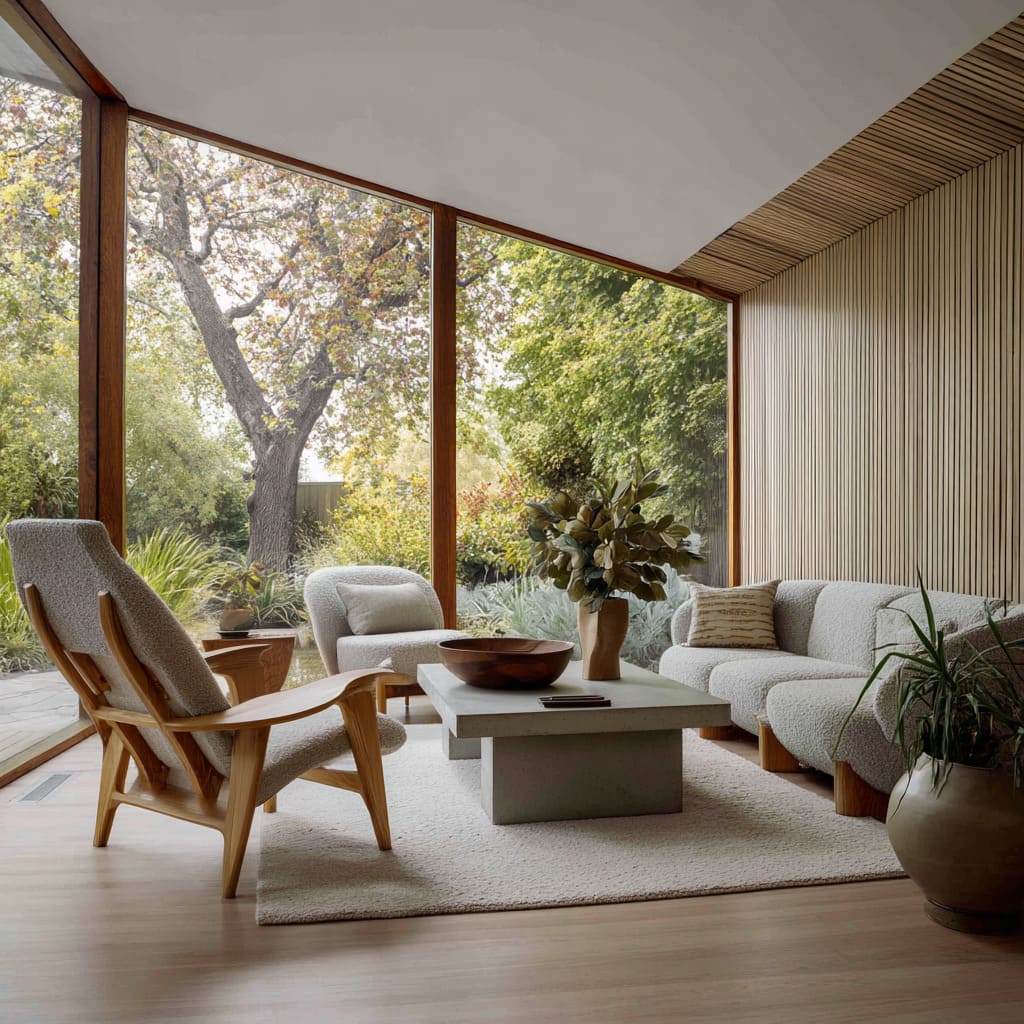 A Diagonal-Glazed Sitting Room Design Framed by Pale Wood and Textured Upholstery A Diagonal-Glazed Sitting Room Design Framed by Pale Wood and Textured Upholstery