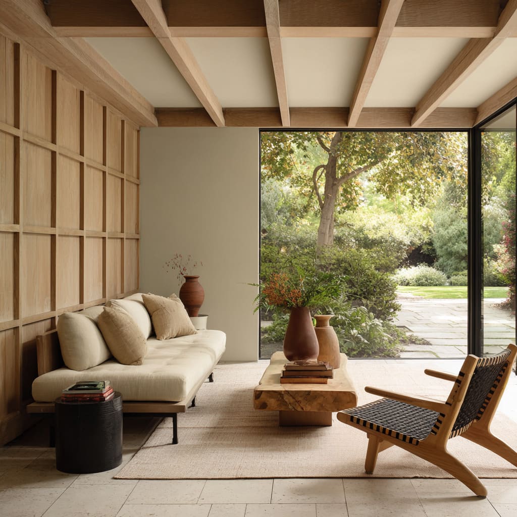 A Gridded Wood Design Where a Black Cord Chair Adds Depth A Gridded Wood Design Where a Black Cord Chair Adds Depth