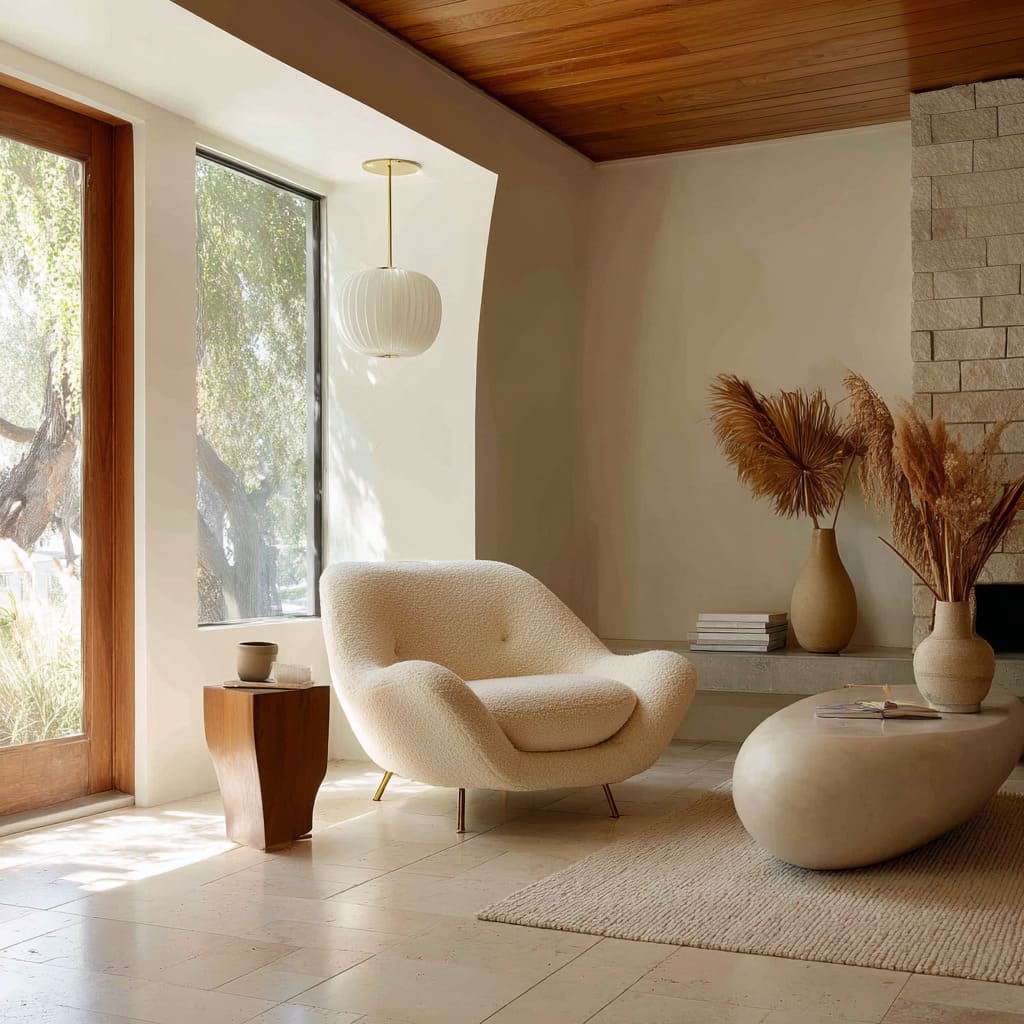 A Softly Sculpted Corner Framed by Curves, Stone, and Boucle Texture A Softly Sculpted Corner Framed by Curves, Stone, and Boucle Texture