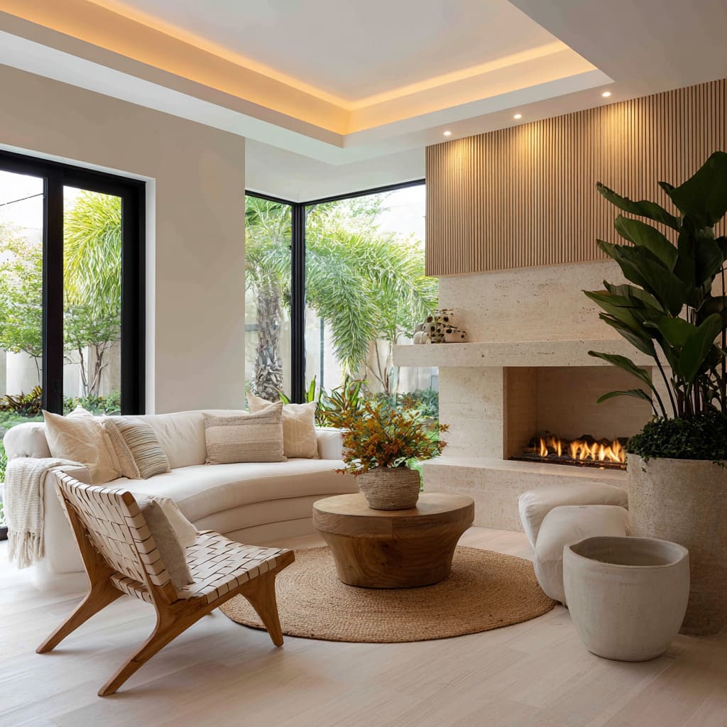 A cluster of planters fills one corner, each with a distinct silhouette and finish, playing with scale without cluttering the A cluster of planters fills one corner, each with a distinct silhouette and finish, playing with scale without cluttering the