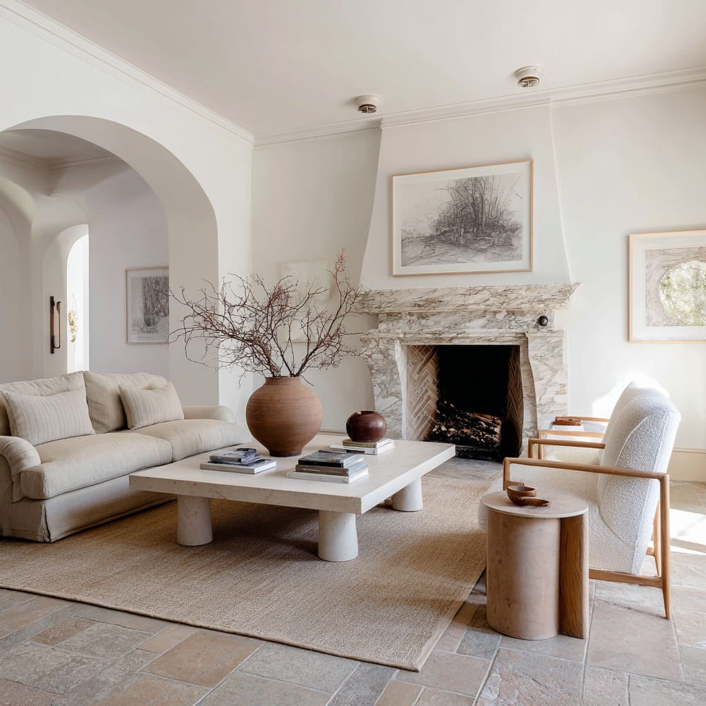 A coffee table is a standout feature with its blocky legs and thick slab top evoke Brutalist form A coffee table is a standout feature with its blocky legs and thick slab top evoke Brutalist form