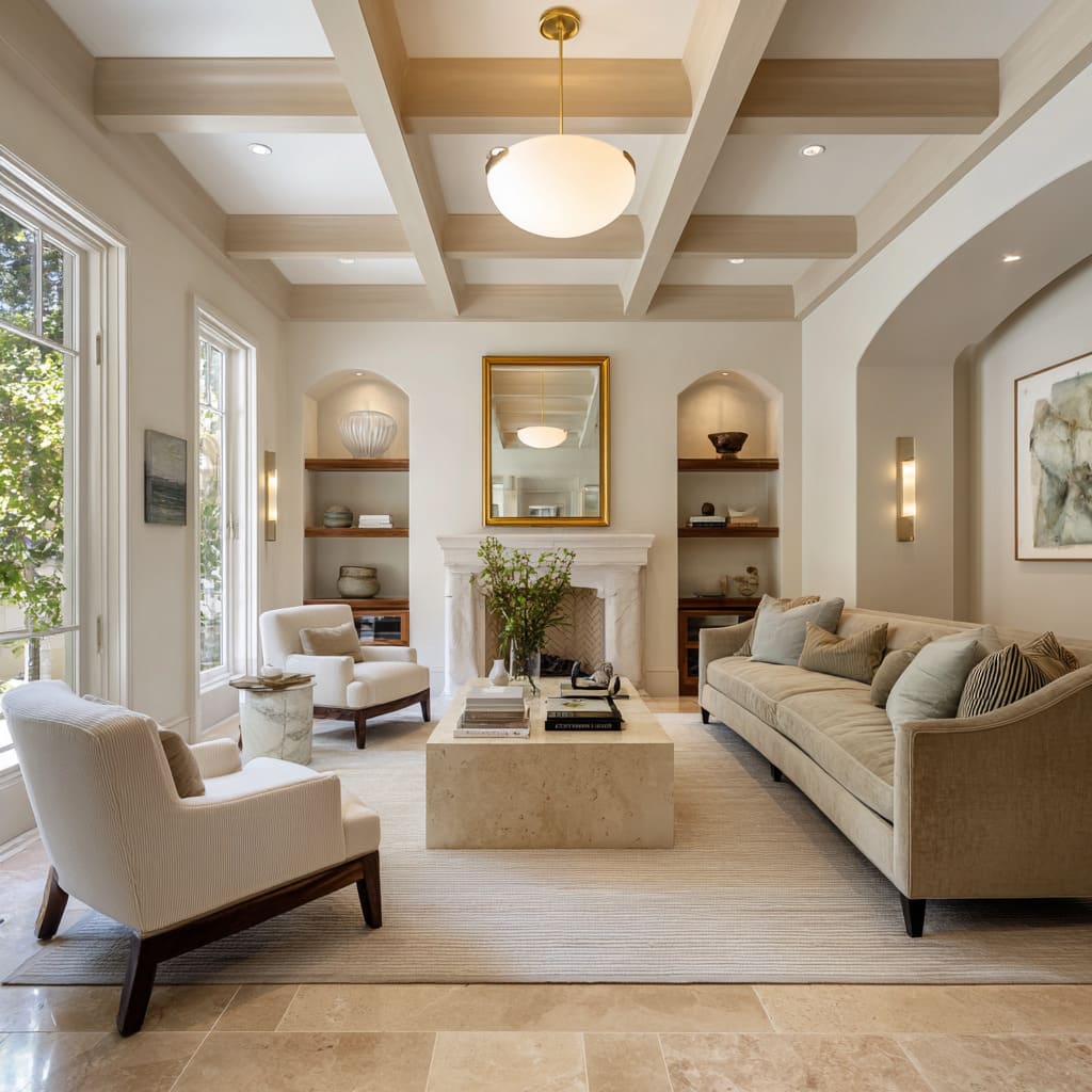A coffered ceiling features thick, pale wood beams with warm undertones that echo the honey-colored stone tile floor A coffered ceiling features thick, pale wood beams with warm undertones that echo the honey-colored stone tile floor