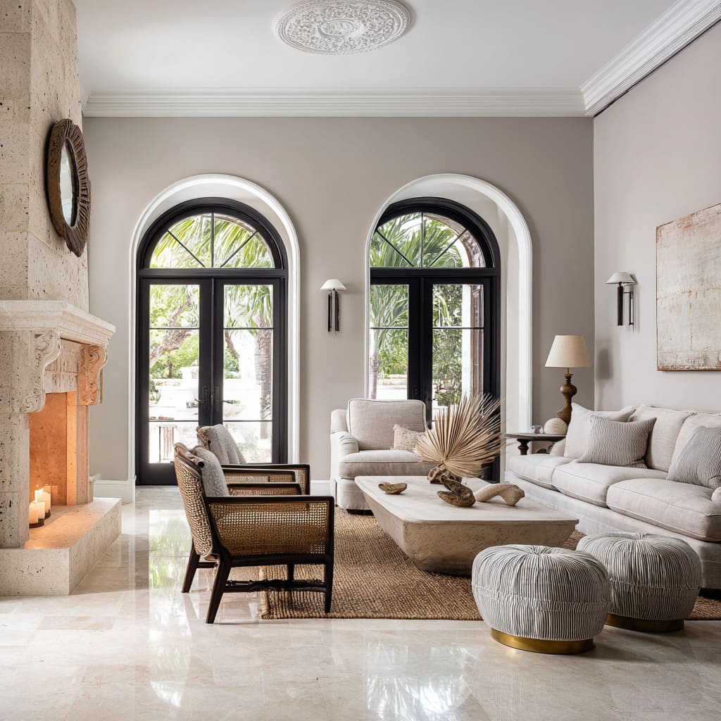 A fireplace with its deep carvings stands almost like a relic, and yet its softened corners echo the arched French doors beside it A fireplace with its deep carvings stands almost like a relic, and yet its softened corners echo the arched French doors beside it