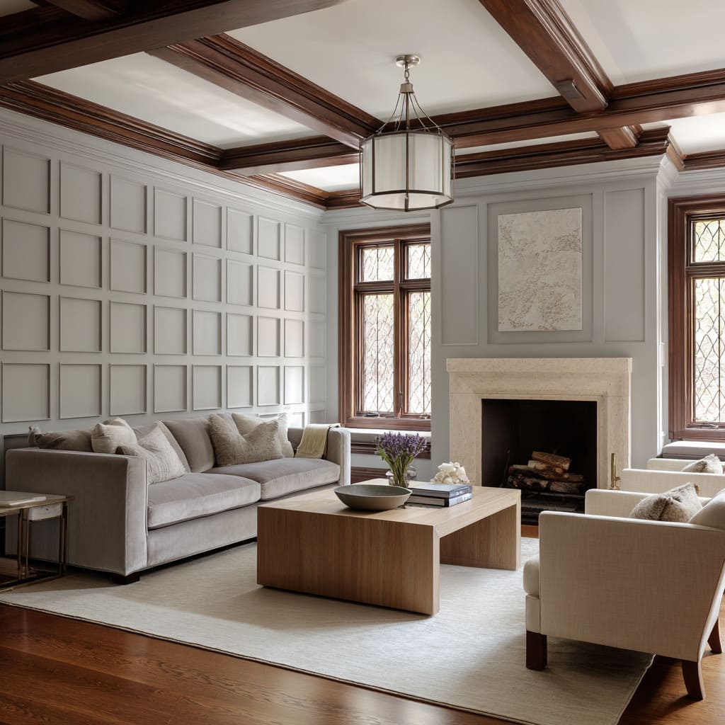 A grid of square molding spans the long side wall, painted in soft blue-gray and casting rhythmic shadows that stretch horizontally A grid of square molding spans the long side wall, painted in soft blue-gray and casting rhythmic shadows that stretch horizontally