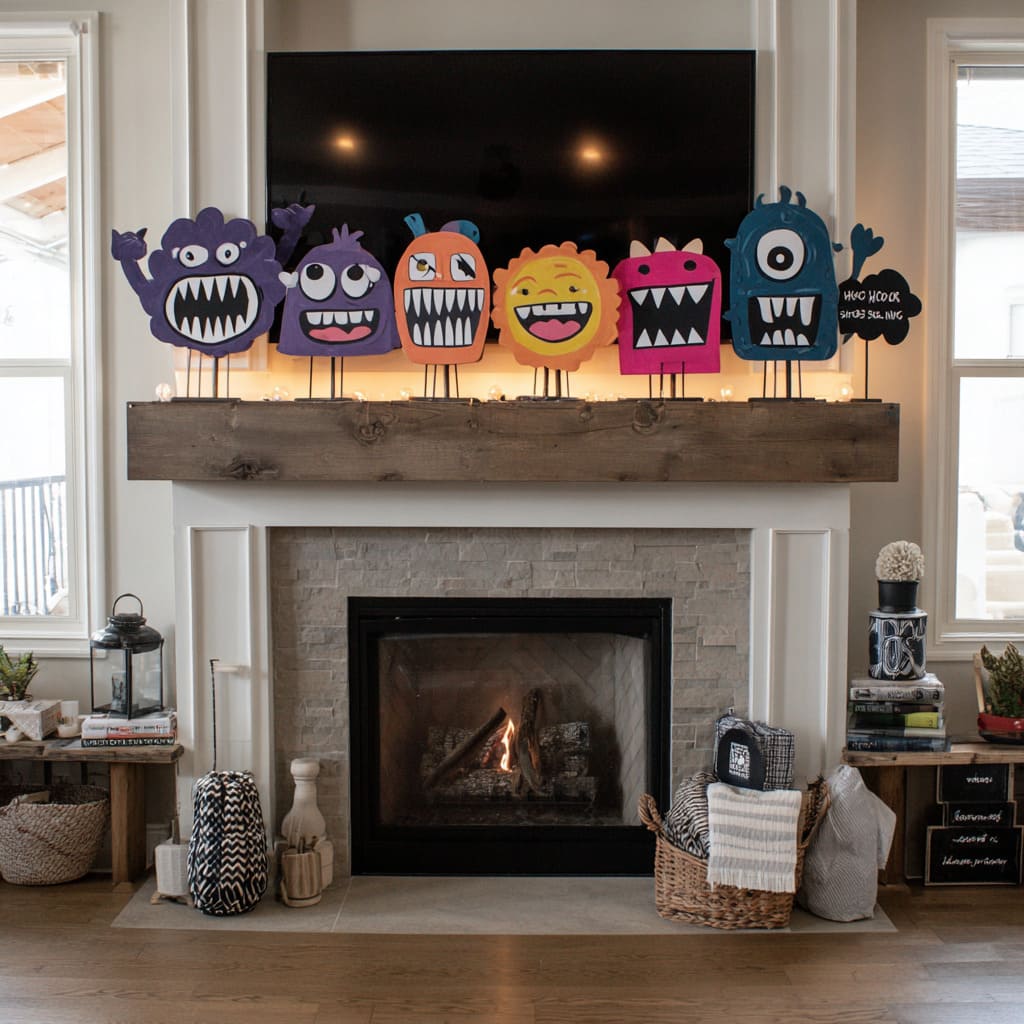 A mantel display feels like a lively stage show, using flat, brightly colored monster cutouts as a cast of playful characters