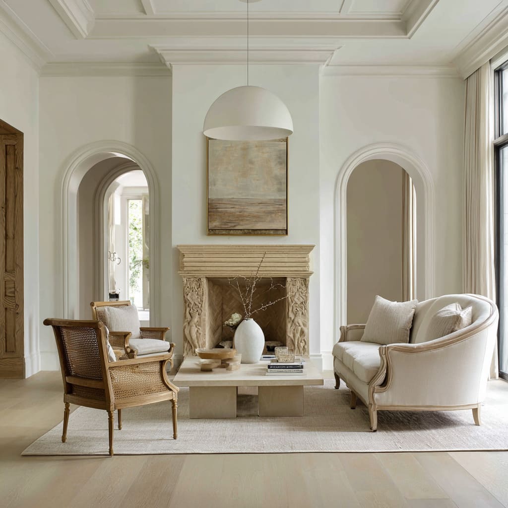 Above it hangs a restrained landscape painting in muted tones, adding quiet horizontality Above it hangs a restrained landscape painting in muted tones, adding quiet horizontality