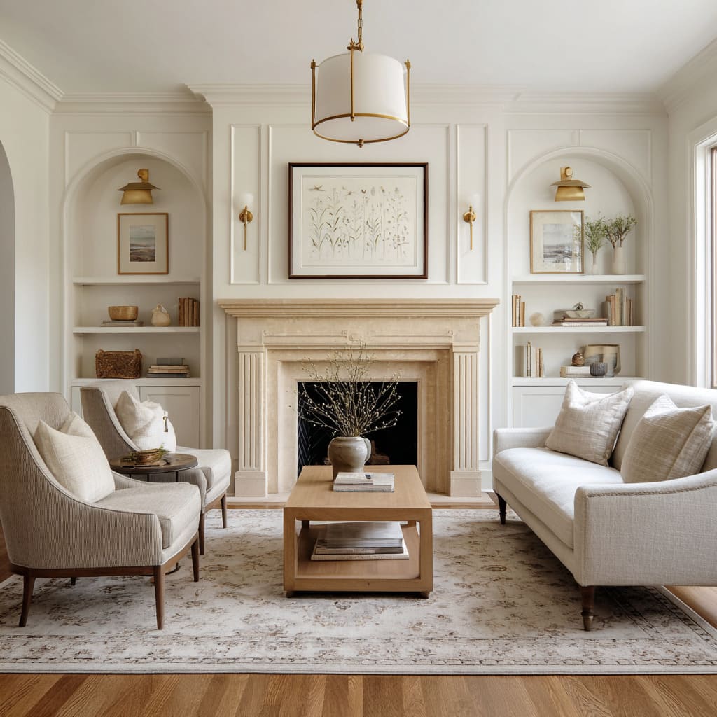 Framing it are built-in bookcases, each nestled under a half-round arch and backed with softly shadowed open shelving Framing it are built-in bookcases, each nestled under a half-round arch and backed with softly shadowed open shelving