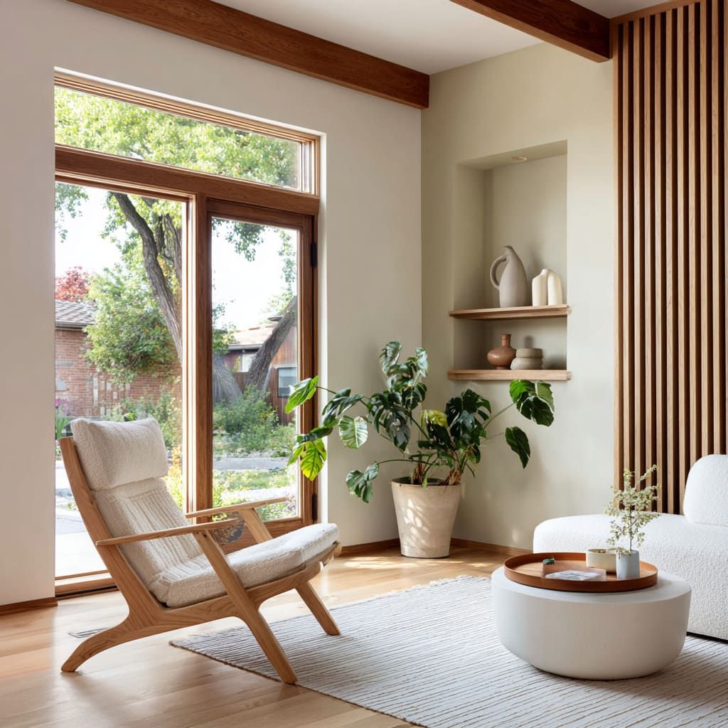 Here, a bleached-oak MCM lounge chair with wide arms and exaggerated tilt takes center stage Here, a bleached-oak MCM lounge chair with wide arms and exaggerated tilt takes center stage