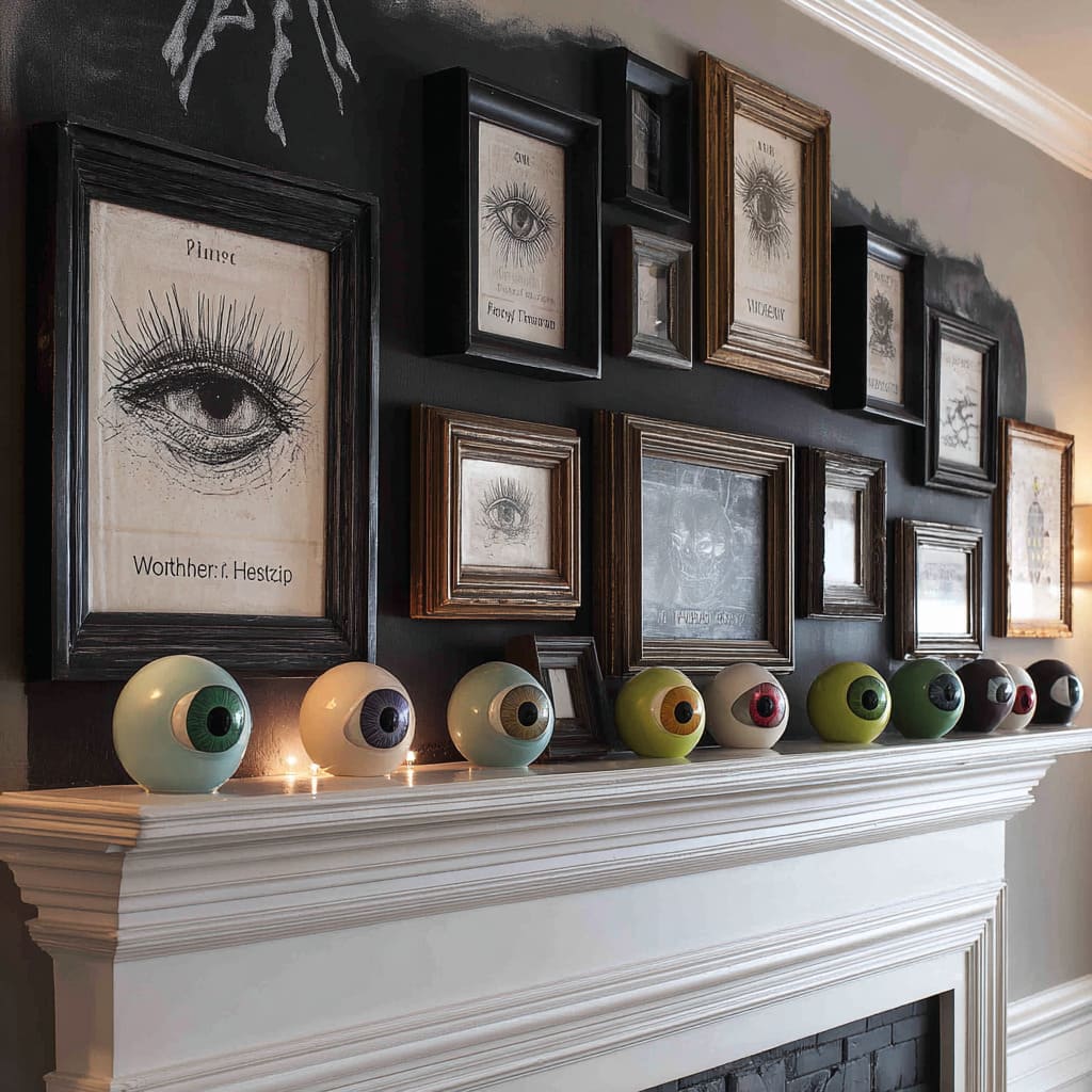 Mantel of Multicolored Ceramic Eyeballs and Framed Vintage Eye Prints on Dark Wall