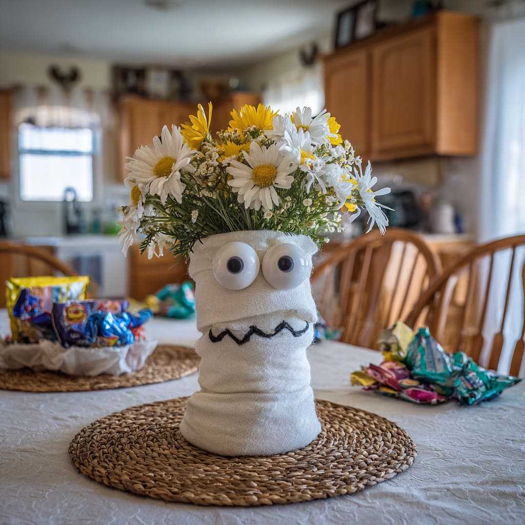 Mummy-vase monster with daisy hair comedy through household parts