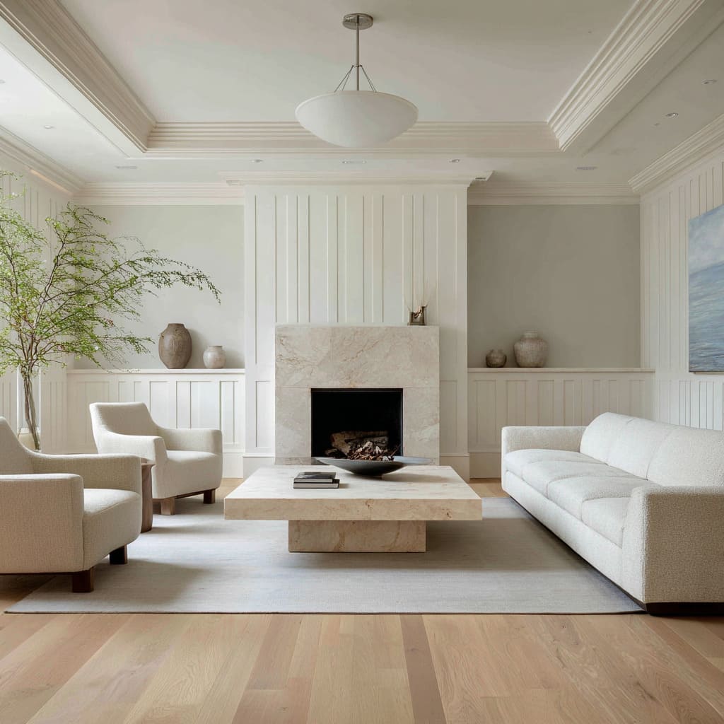 Narrow vertical lines, repeating across the wainscoting, nod to classical fluting without direct quotation Narrow vertical lines, repeating across the wainscoting, nod to classical fluting without direct quotation