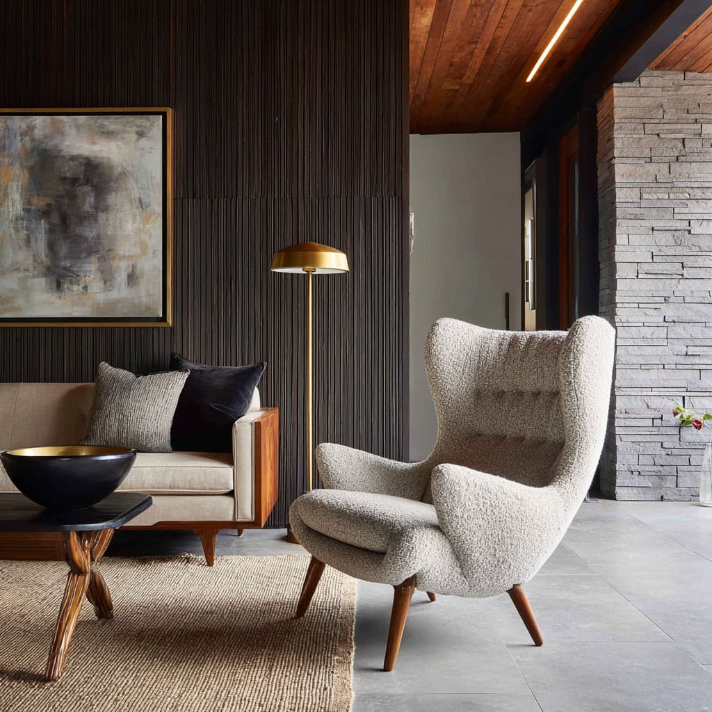 Tapered wooden legs in warm walnut protrude subtly outward, grounding the chair's volume and matching the leg tone of the low Tapered wooden legs in warm walnut protrude subtly outward, grounding the chair's volume and matching the leg tone of the low