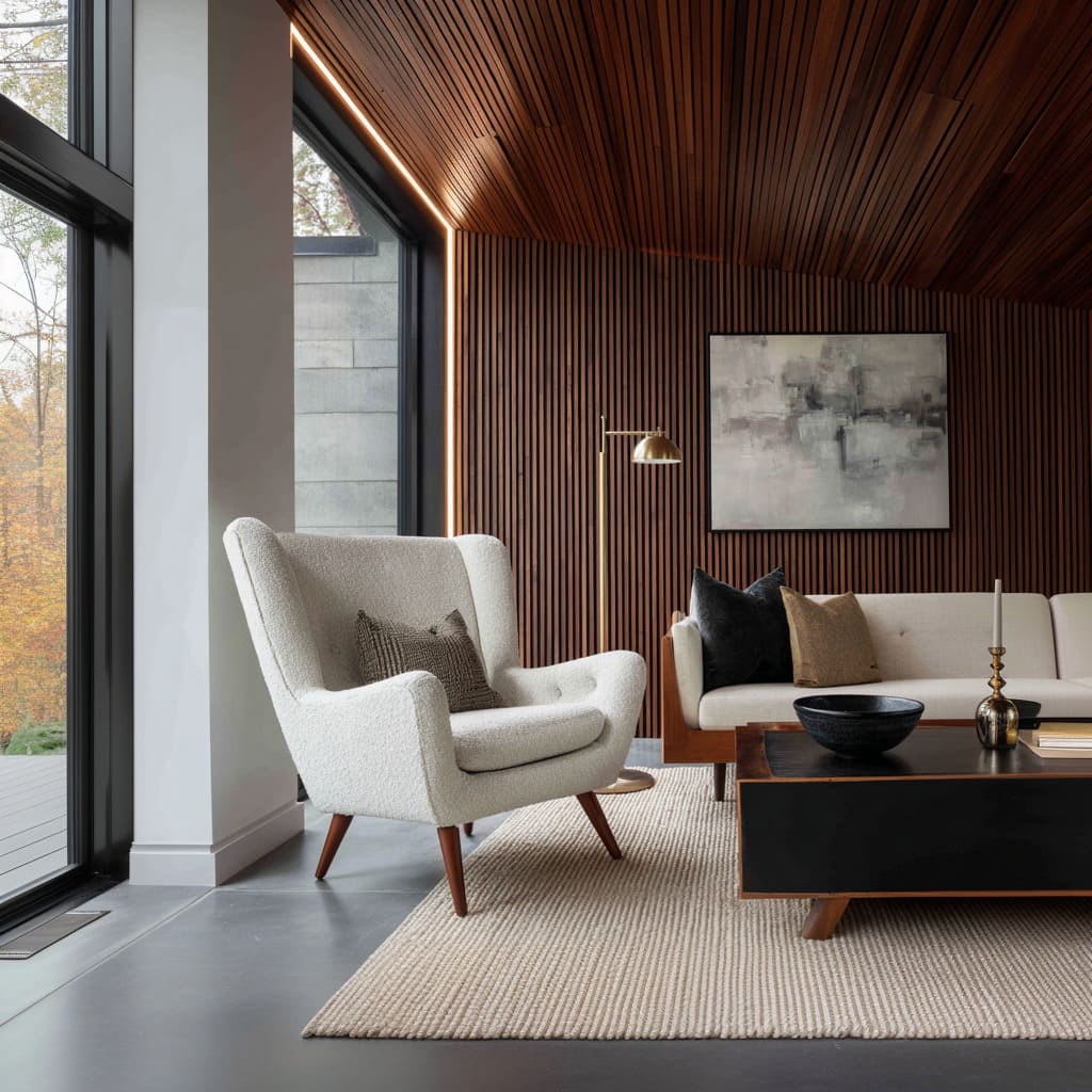 That rug, in a thick ribbed ivory weave, gently echoes the line direction of the surrounding slatted wood That rug, in a thick ribbed ivory weave, gently echoes the line direction of the surrounding slatted wood
