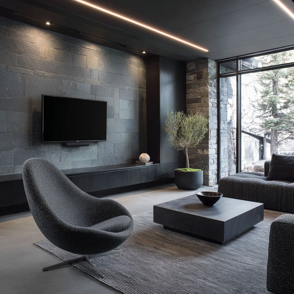 The bold chair form contrasts the hard lines of the slate-clad TV wall behind it and the sharp geometry The bold chair form contrasts the hard lines of the slate-clad TV wall behind it and the sharp geometry