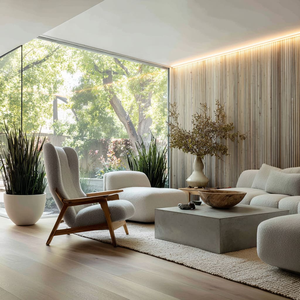 The chair's placement feels conversational, just turned enough to be open to both the rest of the room and the trees beyond t The chair's placement feels conversational, just turned enough to be open to both the rest of the room and the trees beyond t