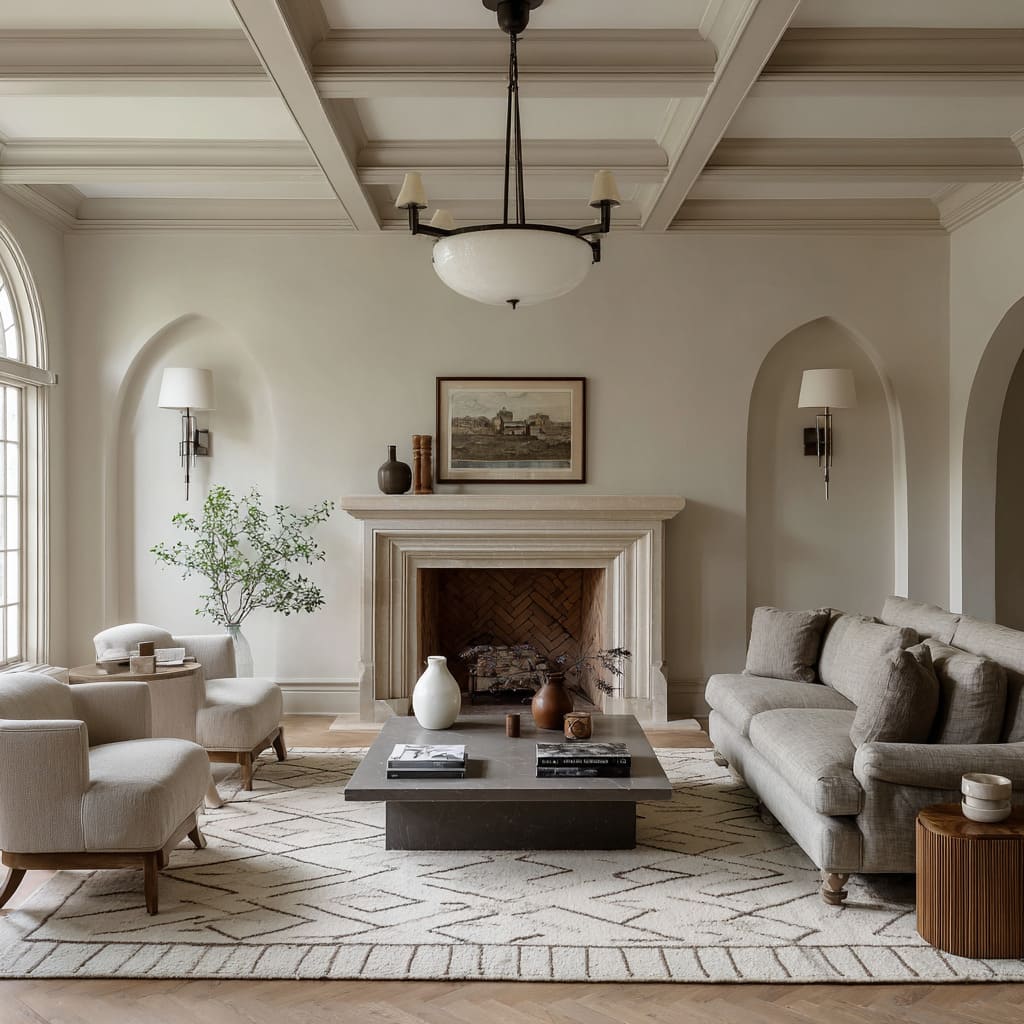The coffered ceiling introduces gravitas, but it's softened by the creamy paint tones that match the walls The coffered ceiling introduces gravitas, but it's softened by the creamy paint tones that match the walls