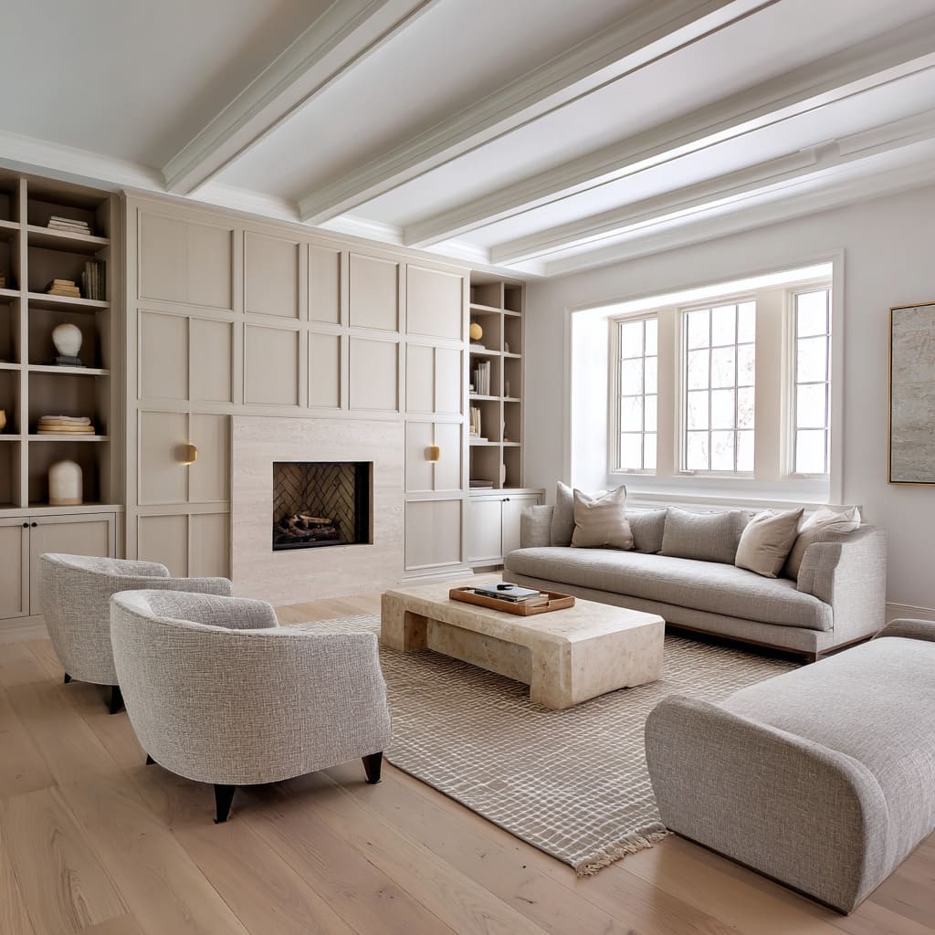 The entire feature wall is clad in panel molding, painted in a chalky bone tone, with an integrated fireplace The entire feature wall is clad in panel molding, painted in a chalky bone tone, with an integrated fireplace