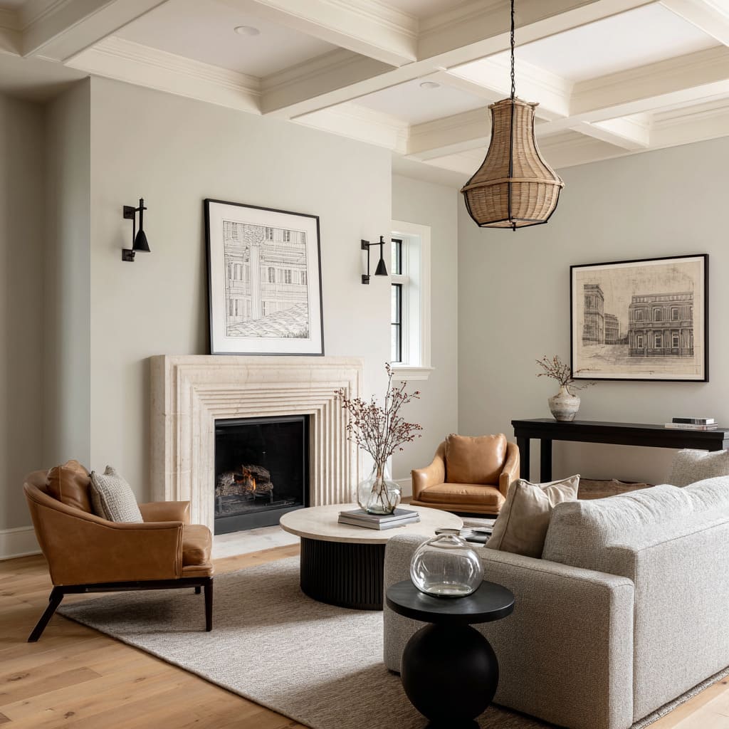 The fireplace has strong stepped profiles in cream stone, adding both depth and echoing Greco-Roman motifs The fireplace has strong stepped profiles in cream stone, adding both depth and echoing Greco-Roman motifs