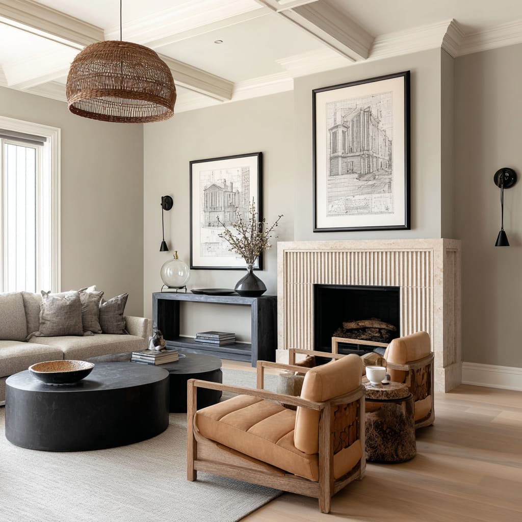 The fluted stone fireplace immediately draws attention in this interior design The fluted stone fireplace immediately draws attention in this interior design