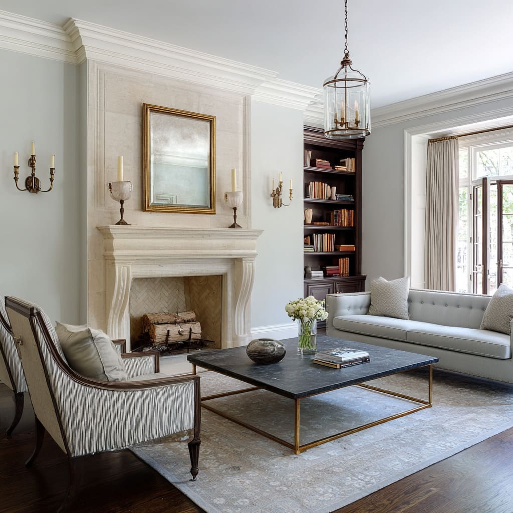 The focal point is the tall, cream limestone fireplace with a recessed panel and elegantly tapered frame The focal point is the tall, cream limestone fireplace with a recessed panel and elegantly tapered frame