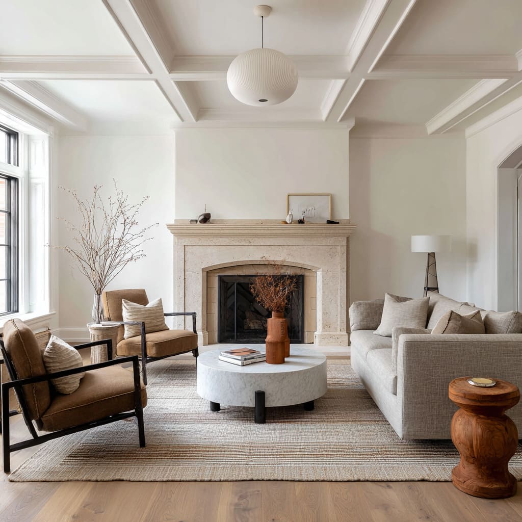 The furniture ensemble plays with mass the round white coffee table has thick proportions but delicate legs, allowing air underneath The furniture ensemble plays with mass the round white coffee table has thick proportions but delicate legs, allowing air underneath