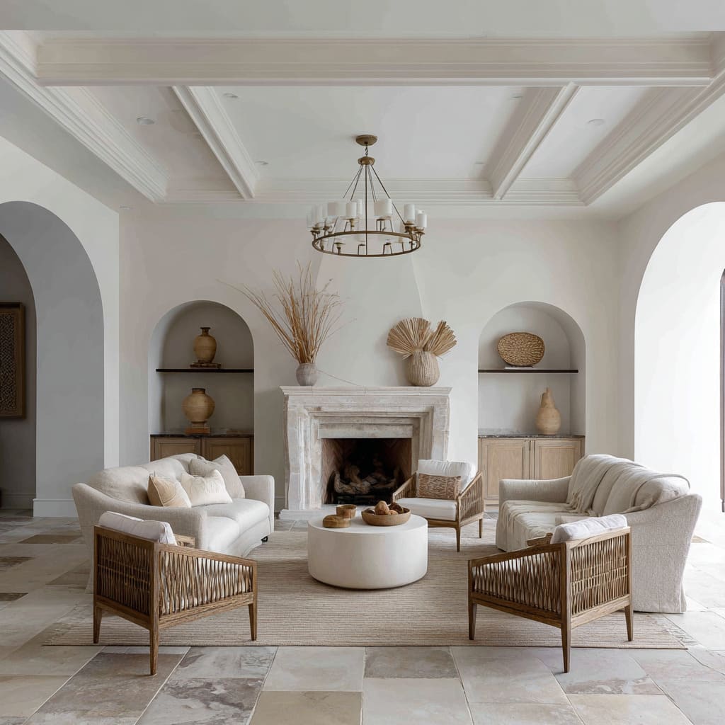 The interplay of symmetry and softness begins with a coffered ceiling and is repeated in the double arch niches flanking the fireplace The interplay of symmetry and softness begins with a coffered ceiling and is repeated in the double arch niches flanking the fireplace