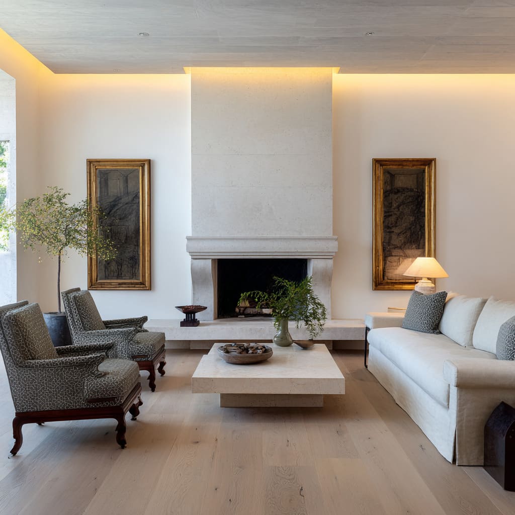The monumental fireplace, clad in creamy limestone, acts as a visual anchor, its square proportions enhanced by the recessed indirect light The monumental fireplace, clad in creamy limestone, acts as a visual anchor, its square proportions enhanced by the recessed indirect light