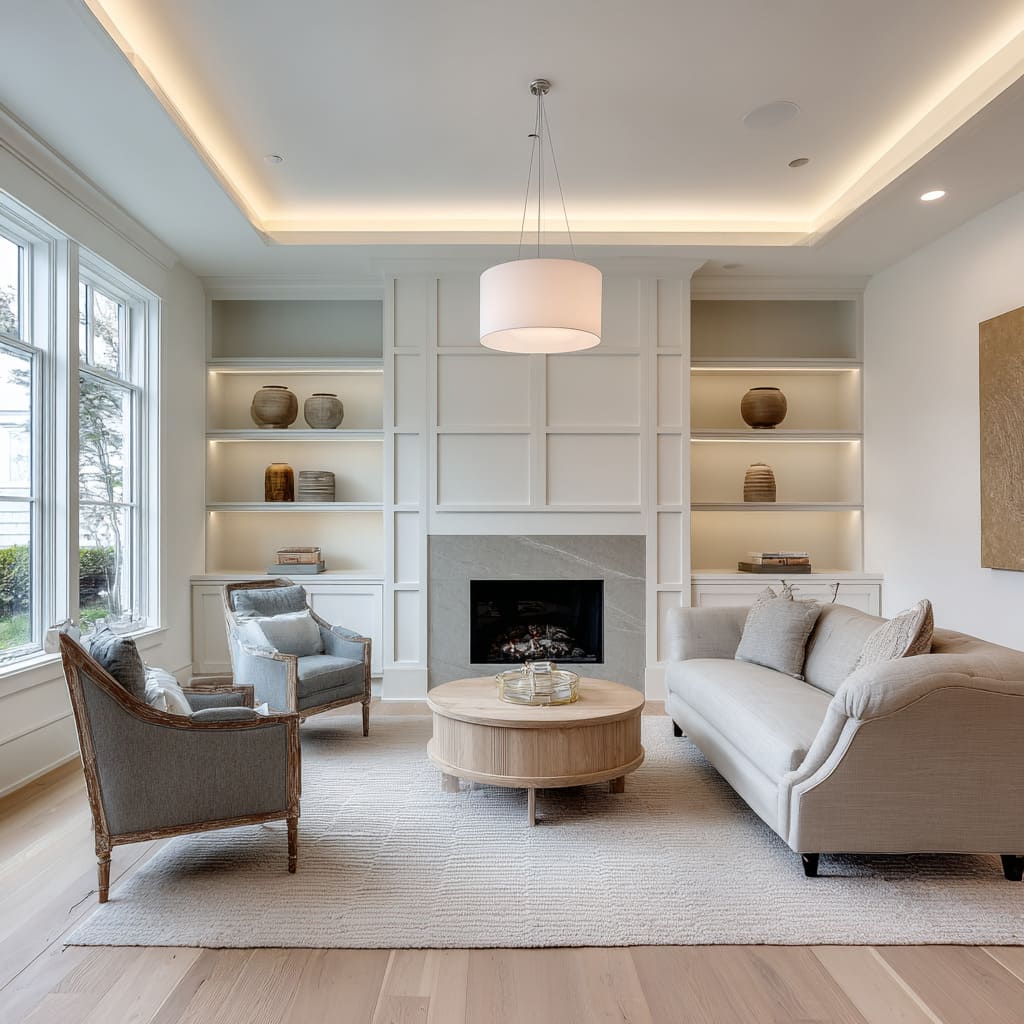 The soft white grid-paneled wall draws all attention to its rhythm and scale, with the fireplace clad in subtle stone slab The soft white grid-paneled wall draws all attention to its rhythm and scale, with the fireplace clad in subtle stone slab