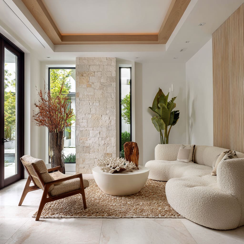 The vertical wood slats on the wall, softly grained and evenly spaced, match the MCM chair The vertical wood slats on the wall, softly grained and evenly spaced, match the MCM chair