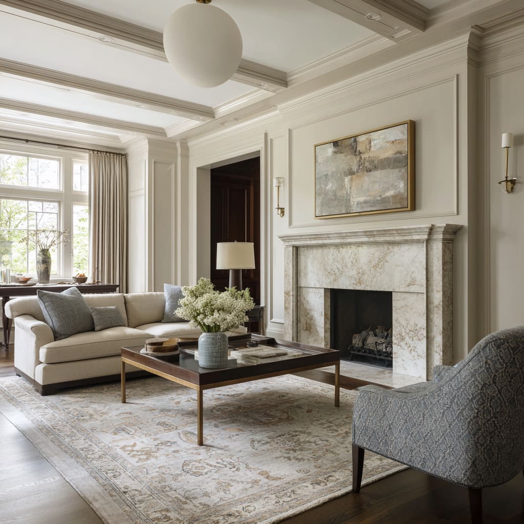 The wall surrounding it features trim paneling, painted in the same gentle stone tone, creating a seamless elevation The wall surrounding it features trim paneling, painted in the same gentle stone tone, creating a seamless elevation