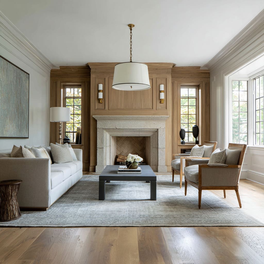 The wide wall paneling in bleached oak acts almost like a quiet stage set for the limestone fireplace The wide wall paneling in bleached oak acts almost like a quiet stage set for the limestone fireplace