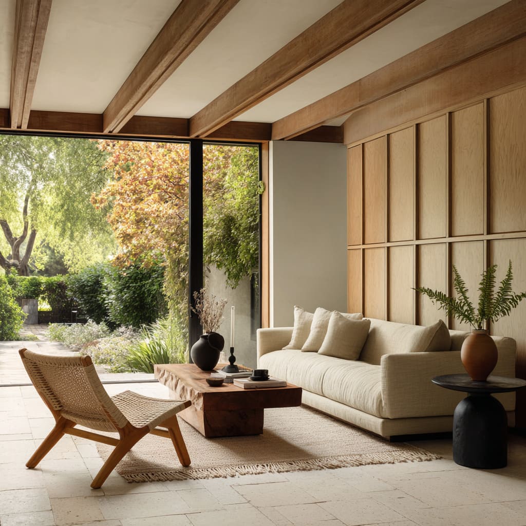 This living room frames its views like landscape paintings, and the mid-century modern lounge chair This living room frames its views like landscape paintings, and the mid-century modern lounge chair