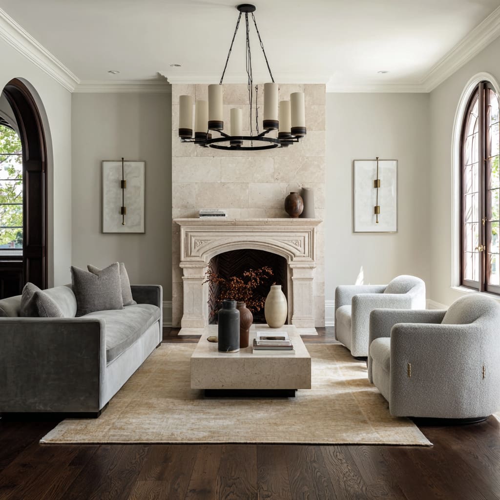 Two arched windows with dark-stained wooden frames and divided panes flank the fireplace Two arched windows with dark-stained wooden frames and divided panes flank the fireplace