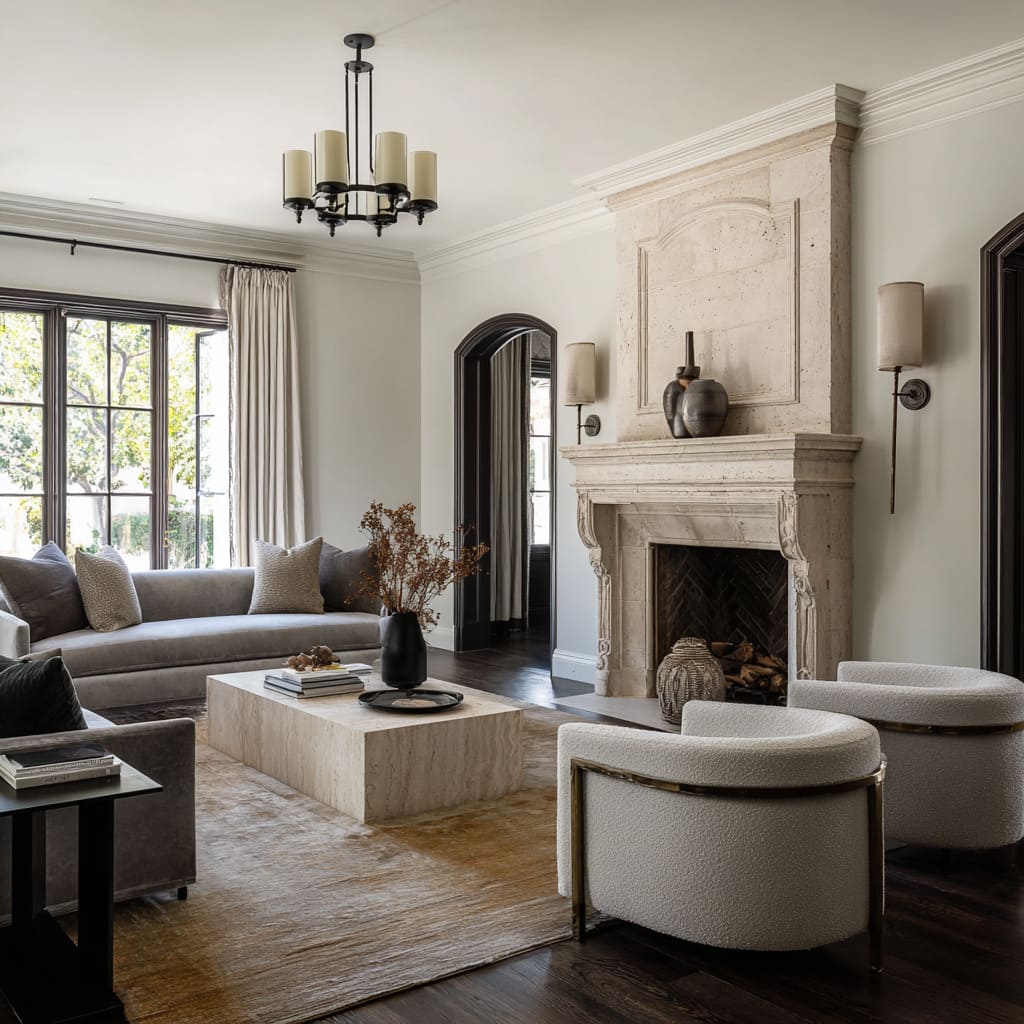 Two sculptural wall sconces in bronze and parchment flank the chimney breast Two sculptural wall sconces in bronze and parchment flank the chimney breast