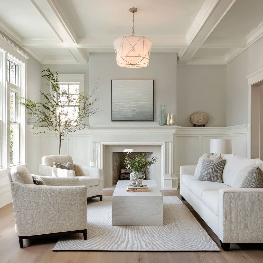 Walls are bathed in a pale warm gray that leans toward celadon, amplifying natural light from the tall multipane windows Walls are bathed in a pale warm gray that leans toward celadon, amplifying natural light from the tall multipane windows