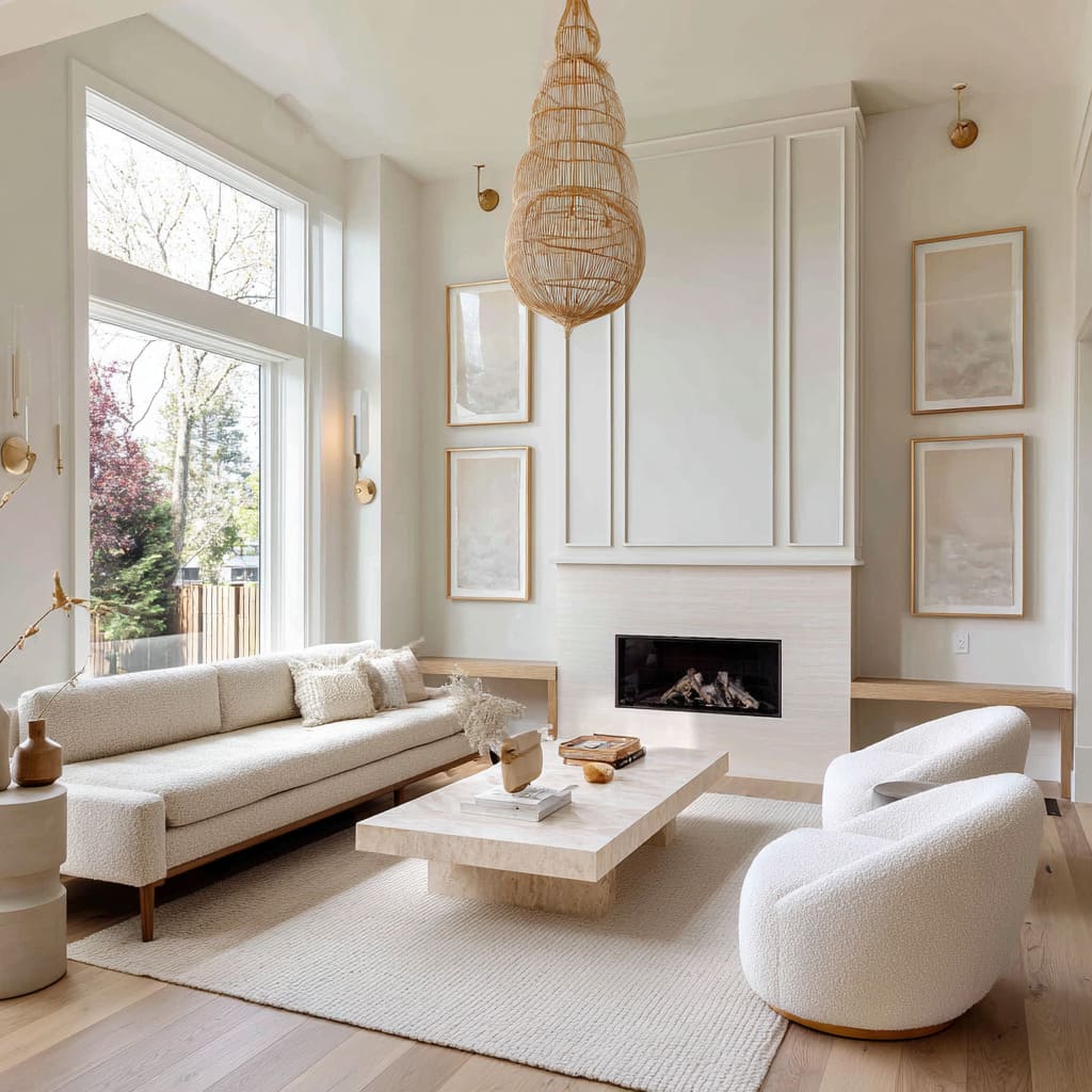 What keeps the space rooted is the mass of the marble coffee table long, rectangular, and minimally edged What keeps the space rooted is the mass of the marble coffee table long, rectangular, and minimally edged