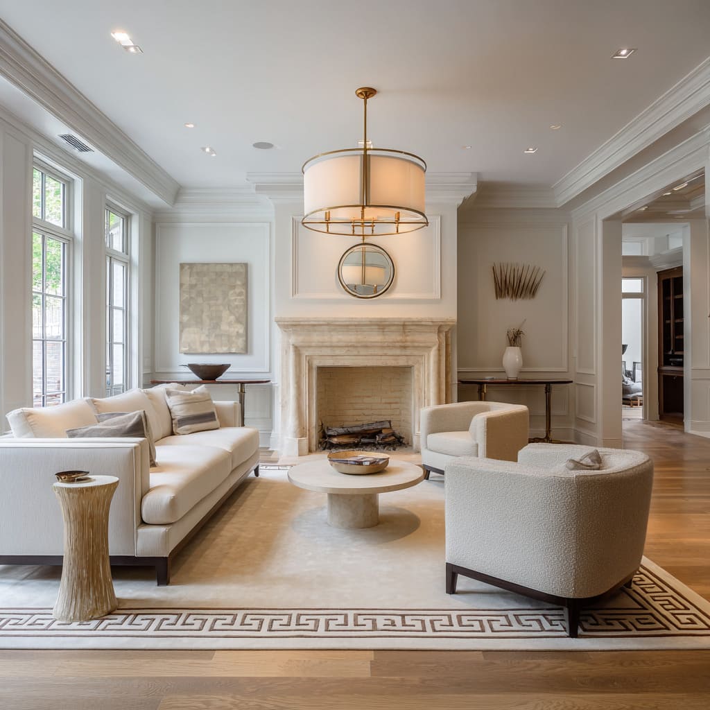 What's unusual and visually arresting is the double-drum chandelier centered over the seating What's unusual and visually arresting is the double-drum chandelier centered over the seating