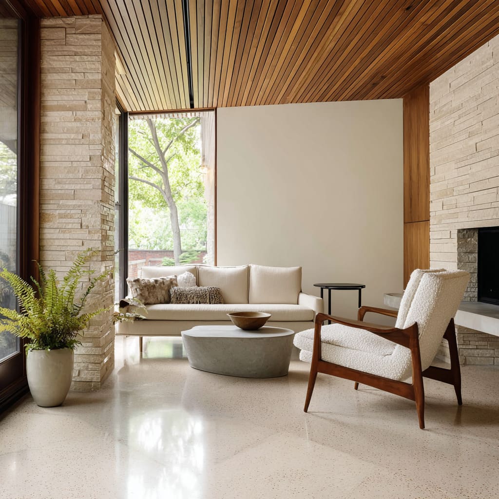 a tranquil lounge design where the MCM armchair with sculpted walnut arms and cream boucle upholstery becomes a visual anchor a tranquil lounge design where the MCM armchair with sculpted walnut arms and cream boucle upholstery becomes a visual anchor