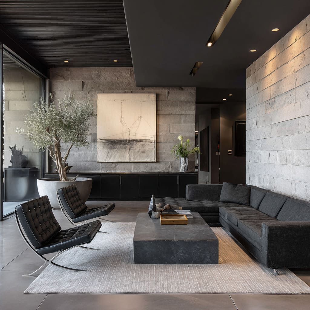 two black Barcelona Chairs facing a monolithic dark coffee table in a room composed of heavy material layers two black Barcelona Chairs facing a monolithic dark coffee table in a room composed of heavy material layers