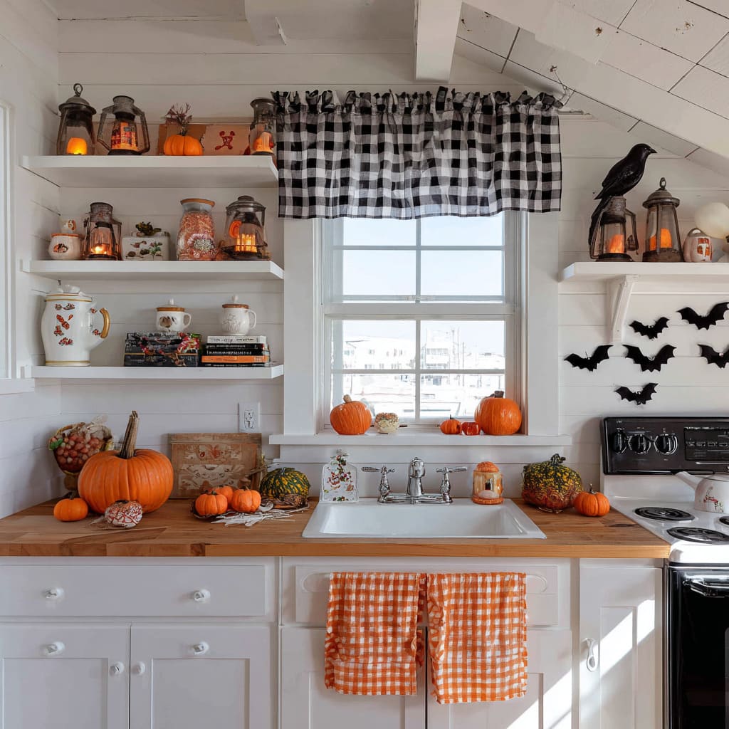 vintage touches and softly layered Halloween decor for kitchen decorations